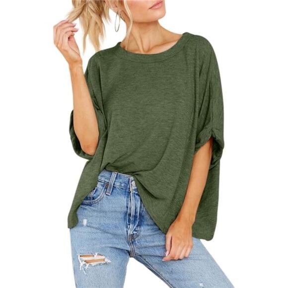 Women Army Green Oversized T-Shirt Summer Casual Short Sleeve Loose Tee Tops‎ - Picture 3 of 6